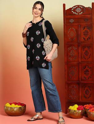 Women black floral buttis embroidered lucknowi chikankari rayon cotton short kurtis 5
