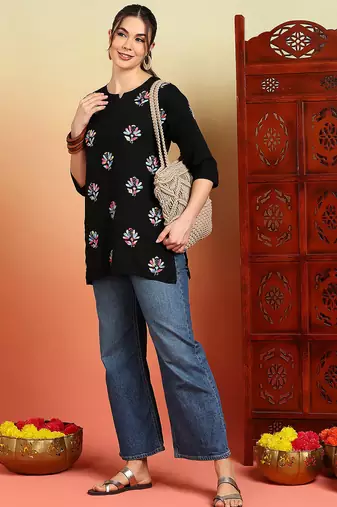 Women black floral buttis embroidered lucknowi chikankari rayon cotton short kurtis