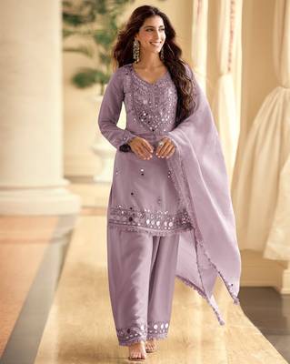 Lavender simar silk blend mirror work kurta palazzo set with dupatta 1