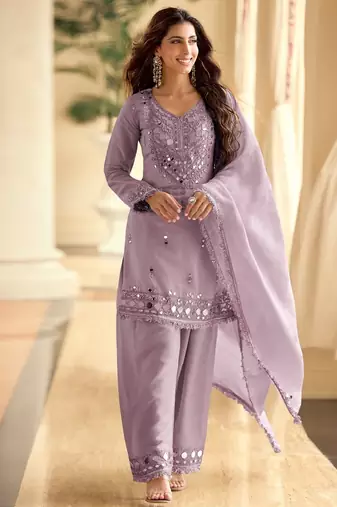 Lavender simar silk blend mirror work kurta palazzo set with dupatta