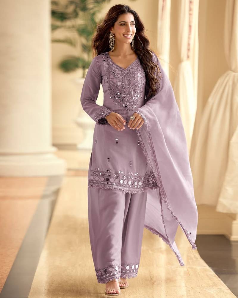 Lavender simar silk blend mirror work kurta palazzo set with dupatta