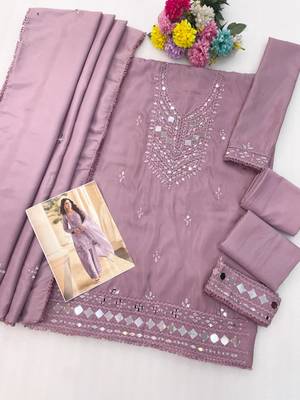 Lavender simar silk blend mirror work kurta palazzo set with dupatta 2