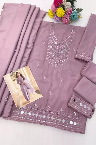 Lavender simar silk blend mirror work kurta palazzo set with dupatta