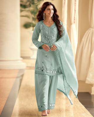 Sea green simar silk blend mirror work kurta palazzo set with dupatta 1