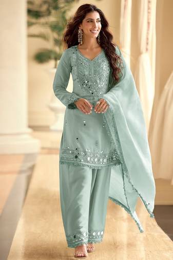 Sea green simar silk blend mirror work kurta palazzo set with dupatta