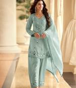 Sea green simar silk blend mirror work kurta palazzo set with dupatta