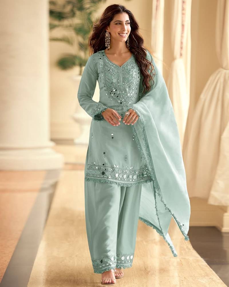 Sea green simar silk blend mirror work kurta palazzo set with dupatta