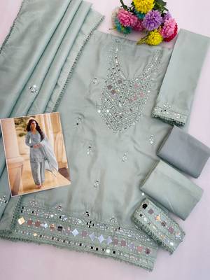 Sea green simar silk blend mirror work kurta palazzo set with dupatta 2