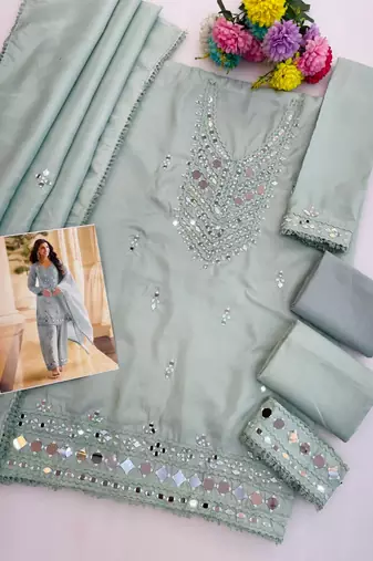 Sea green simar silk blend mirror work kurta palazzo set with dupatta