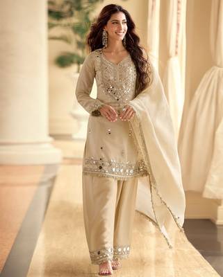 Ivory simar silk blend mirror work kurta palazzo set with dupatta 1