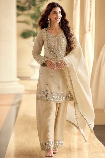 Ivory simar silk blend mirror work kurta palazzo set with dupatta