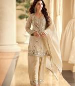 Ivory simar silk blend mirror work kurta palazzo set with dupatta