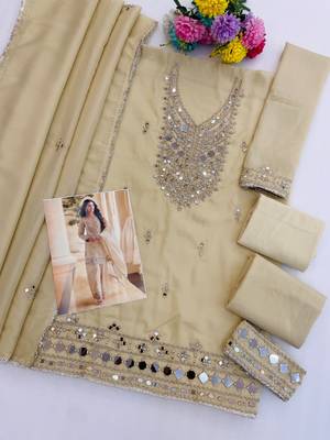 Ivory simar silk blend mirror work kurta palazzo set with dupatta 2