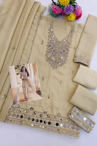 Ivory simar silk blend mirror work kurta palazzo set with dupatta