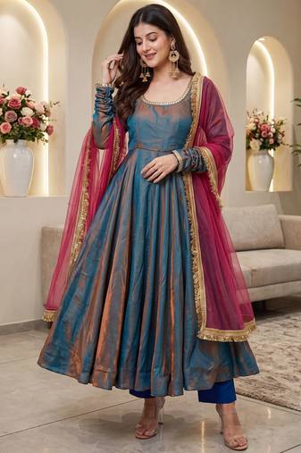 Sindoor silk blend anarkali gown set with net dupatta