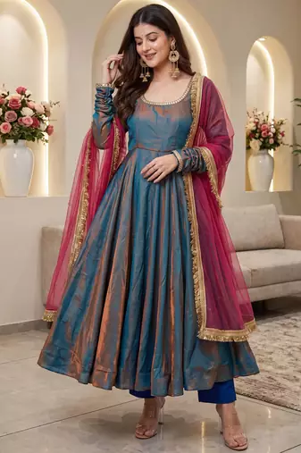 Sindoor silk blend anarkali gown set with net dupatta