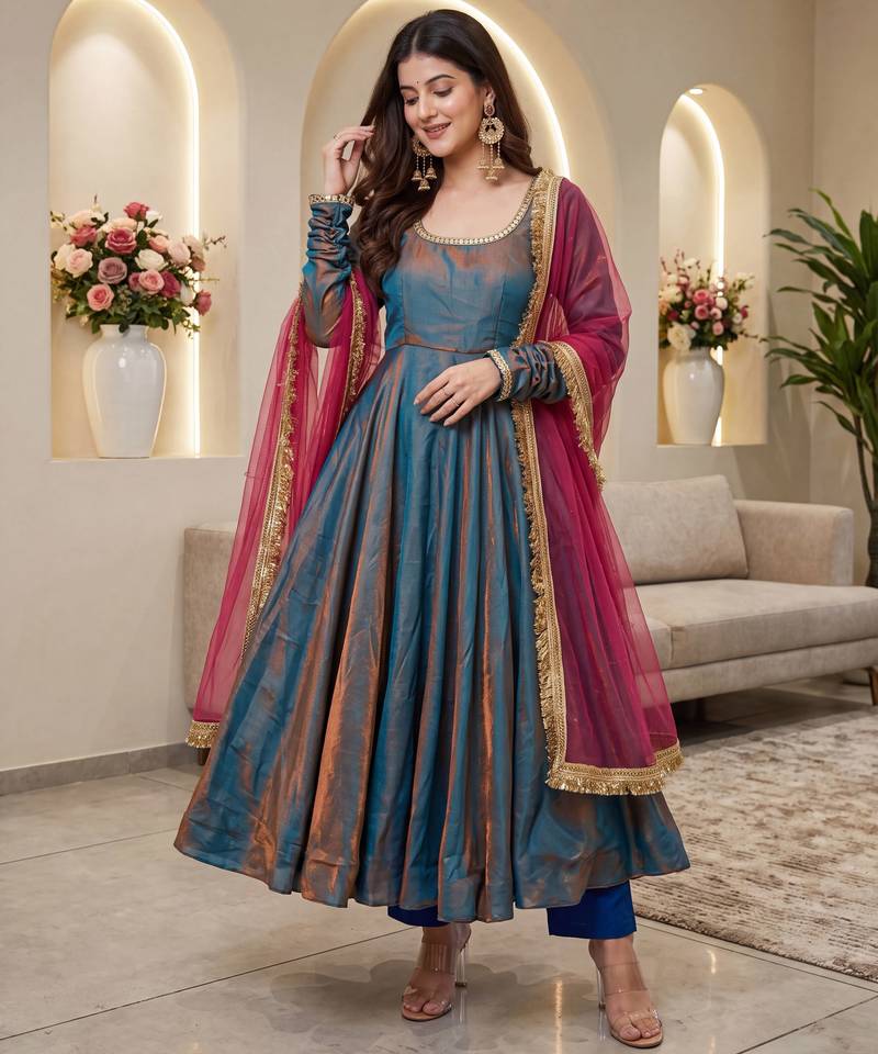 Sindoor silk blend anarkali gown set with net dupatta