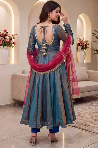 Sindoor silk blend anarkali gown set with net dupatta