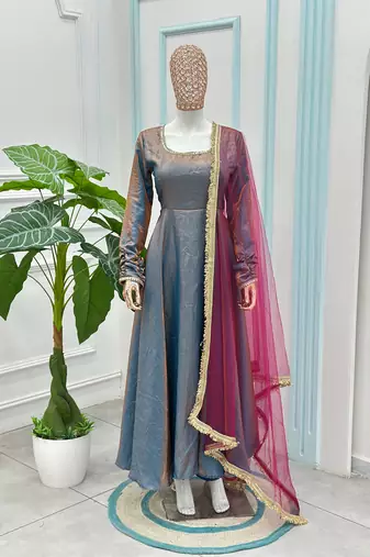 Sindoor silk blend anarkali gown set with net dupatta