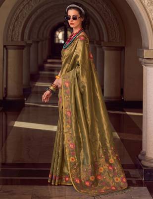 mahendi color smart floral embroidered tissue saree for festive looks 3