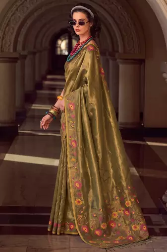 mahendi color smart floral embroidered tissue saree for festive looks