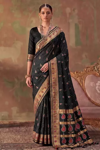 black color beautiful woven designer soft silk blend saree for festive rich looks