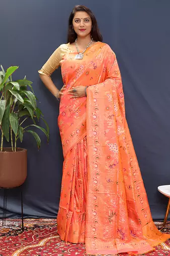 Peach orange banarasi silk blend saree with zari floral weaving