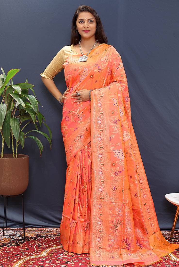 Peach orange banarasi silk blend saree with zari floral weaving