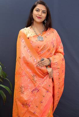 Peach orange banarasi silk blend saree with zari floral weaving 4