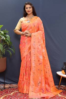 Peach orange banarasi silk blend saree with zari floral weaving 1