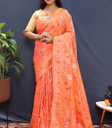 Peach orange banarasi silk blend saree with zari floral weaving