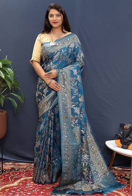 Teal blue banarasi silk blend saree with zari floral weaving 1