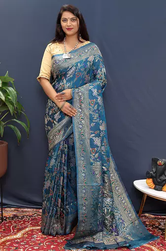 Teal blue banarasi silk blend saree with zari floral weaving