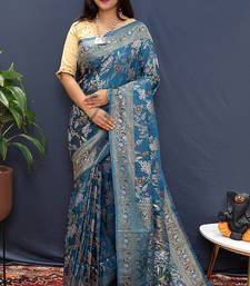Teal blue banarasi silk blend saree with zari floral weaving