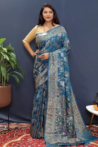 Teal blue banarasi silk blend saree with zari floral weaving