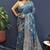 Teal blue banarasi silk blend saree with zari floral weaving