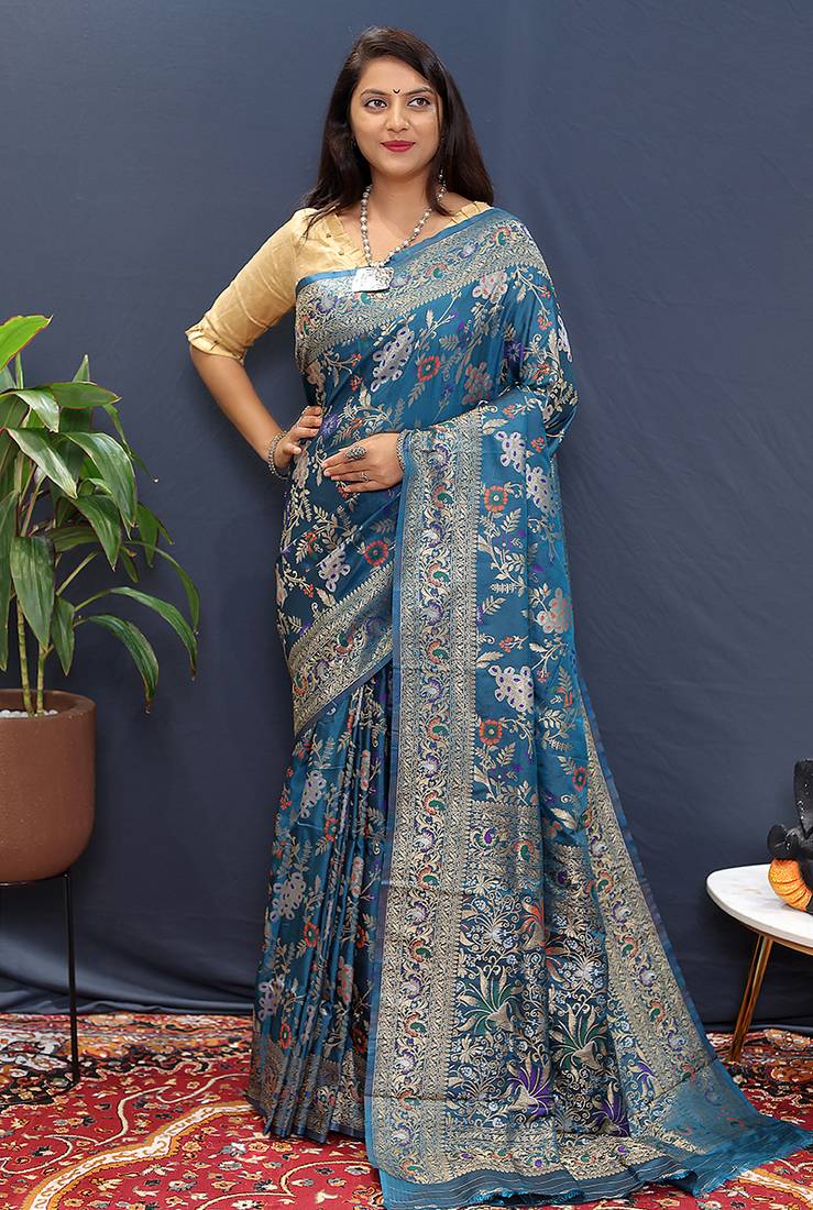 Teal blue banarasi silk blend saree with zari floral weaving