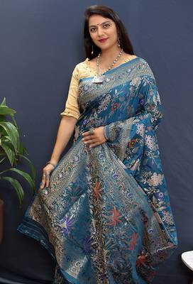 Teal blue banarasi silk blend saree with zari floral weaving 3