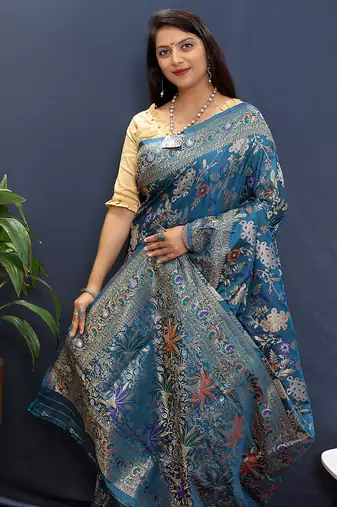 Teal blue banarasi silk blend saree with zari floral weaving