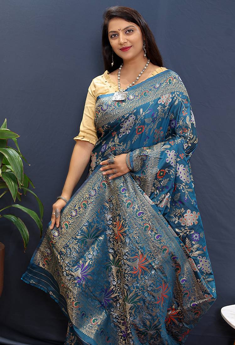 Teal blue banarasi silk blend saree with zari floral weaving