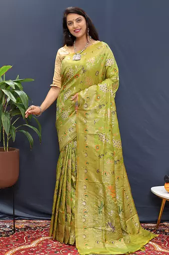 Light green banarasi silk blend saree with zari floral weaving