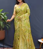 Light green banarasi silk blend saree with zari floral weaving