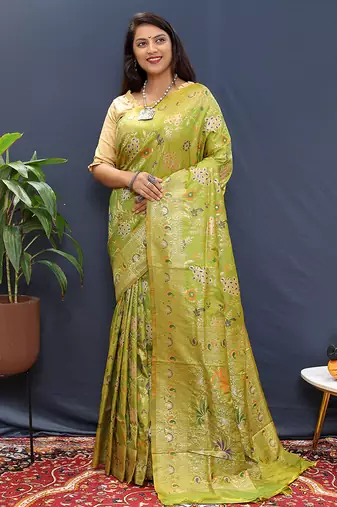 Light green banarasi silk blend saree with zari floral weaving