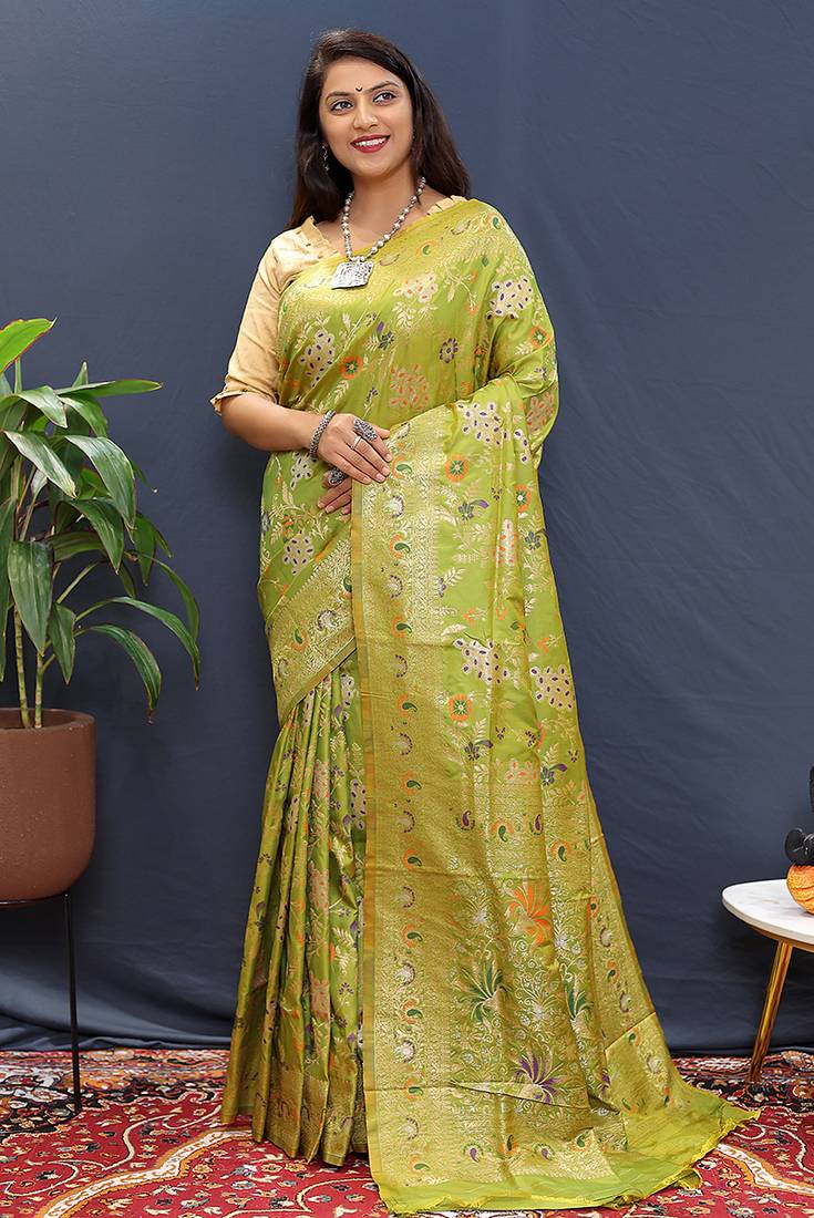 Light green banarasi silk blend saree with zari floral weaving