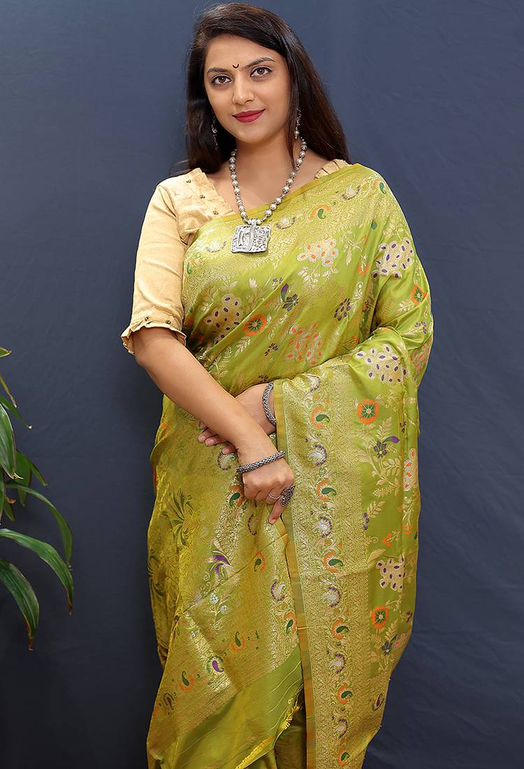 Light green banarasi silk blend saree with zari floral weaving