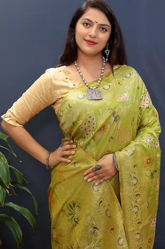 Light green banarasi silk blend saree with zari floral weaving