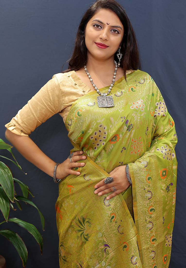 Light green banarasi silk blend saree with zari floral weaving