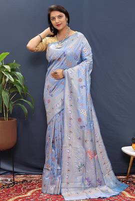 Sky blue banarasi silk blend saree with zari floral weaving 1