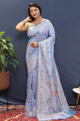 Sky blue banarasi silk blend saree with zari floral weaving