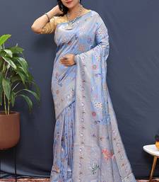 Sky blue banarasi silk blend saree with zari floral weaving